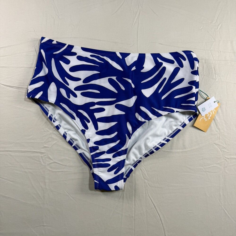 Kona Sol Women’s High‑Waist Bikini Bottom – Size X – Blue/White – NWT